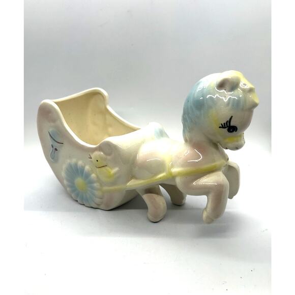 Vtg 50’s Pony Horse And Carriage Ceramic Planter Pink Blue Pastel Nursery Decor - Picture 2 of 10